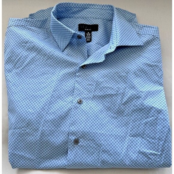 Alfani Men Puzzle-Print Dress Shirt Button Down Slim Fit Light Blue Sz 15-15 1/2 - Picture 2 of 4